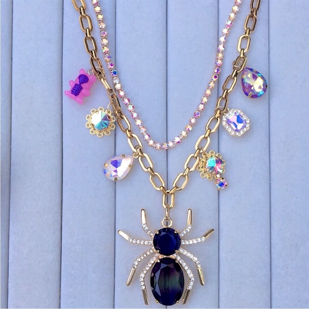 Amethyst Spider,Aurora Borealis,Purple Opal+White Crystal Halloween Necklace